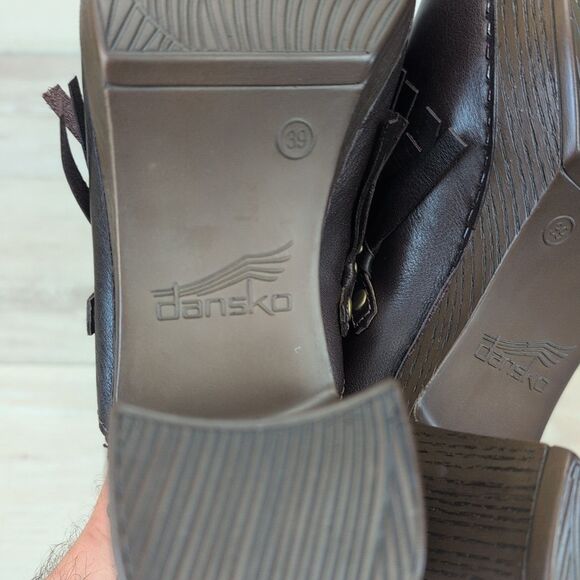 Dansko Shoes Women Size 39 Deni Fringe Slip On Clogs Heel Mule Leather Brown - Picture 6 of 9